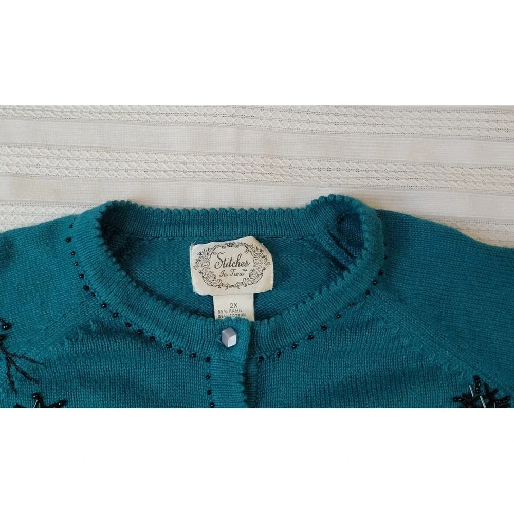 Stitches In Time Cardigan Sweater 2X Dark Turquiose Black Embellished Holiday - Picture 2 of 15